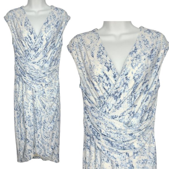 DKNY Gathered Faux Wrap Dress size 8 Blue Snake Print Surplice Tulip Skirt - Picture 2 of 9